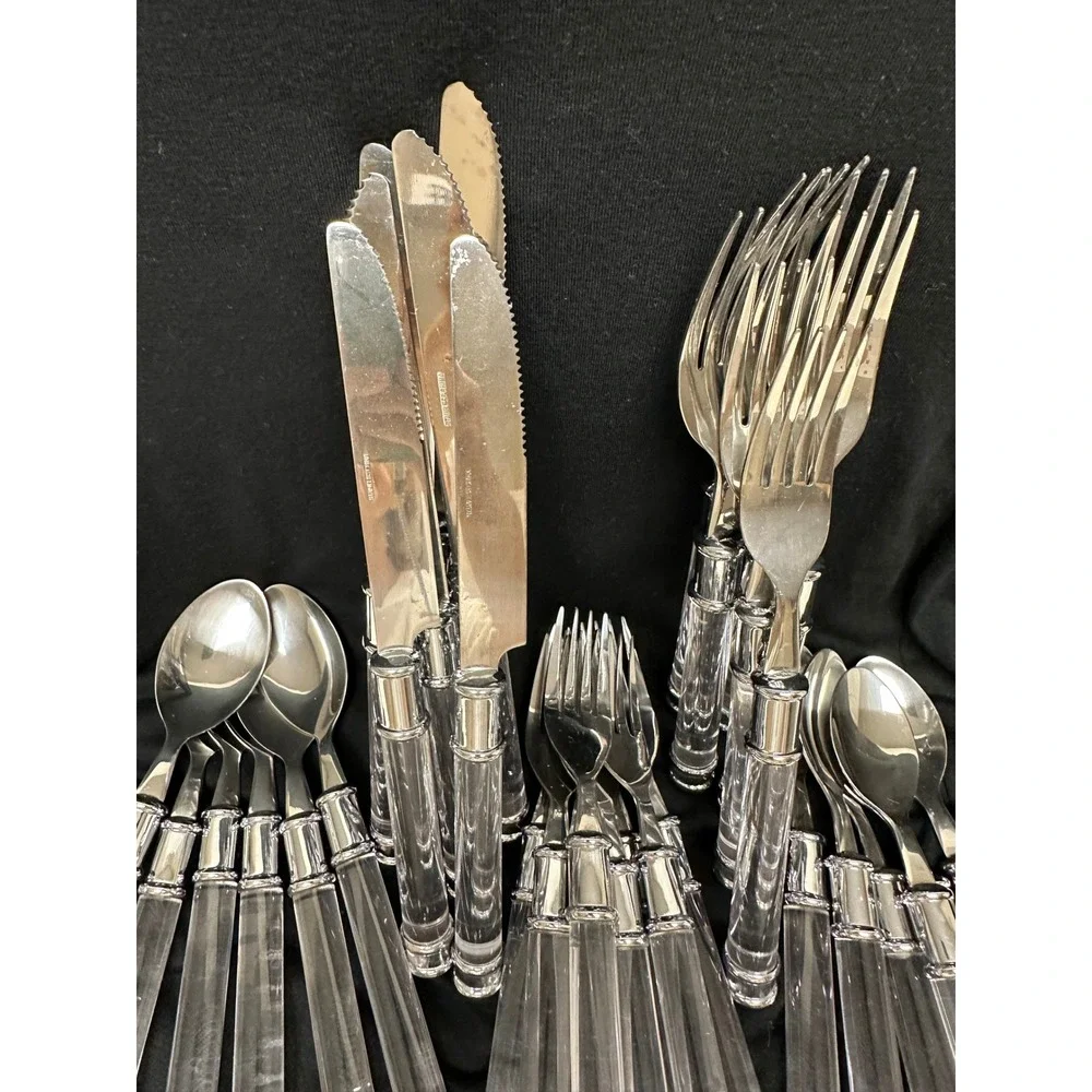 Vintage Look 32 Pce Set Flatware Clear Acrylic Handles Stainless Steel Plus Tray